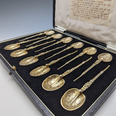 1936 British vintage sterling silver anointing spoon set of 12 in a case